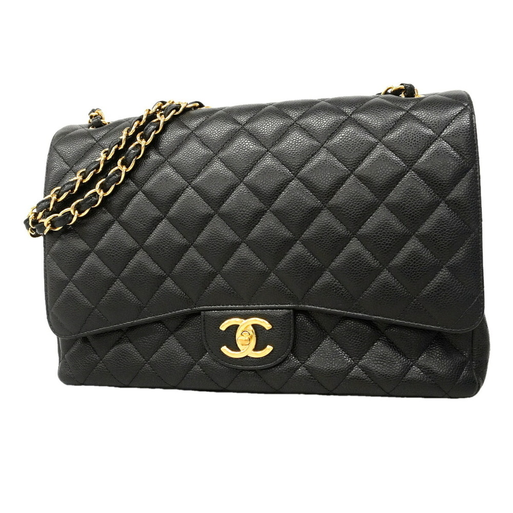 Chanel Shoulder Bag, Large Matelassé, Double Flap, Chain, Caviar Leather, Bla...